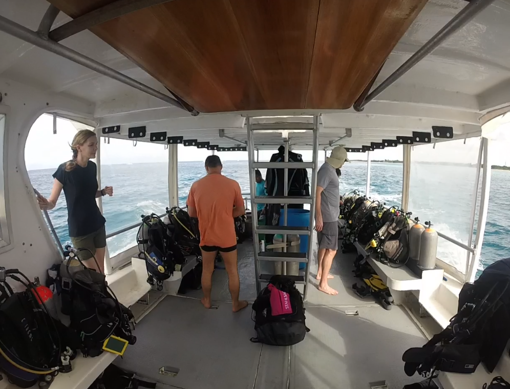 Divers standing on the back deck among tanks and gear as the boat runs out to the reef